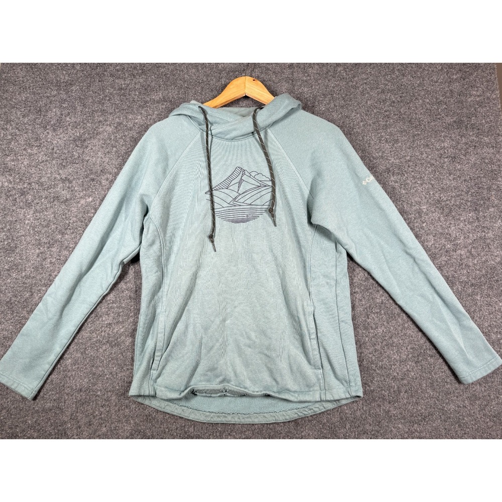 Columbia Hoodie Womens Large Green Cotton Fleece Lined Mountain Graphic Outdoor